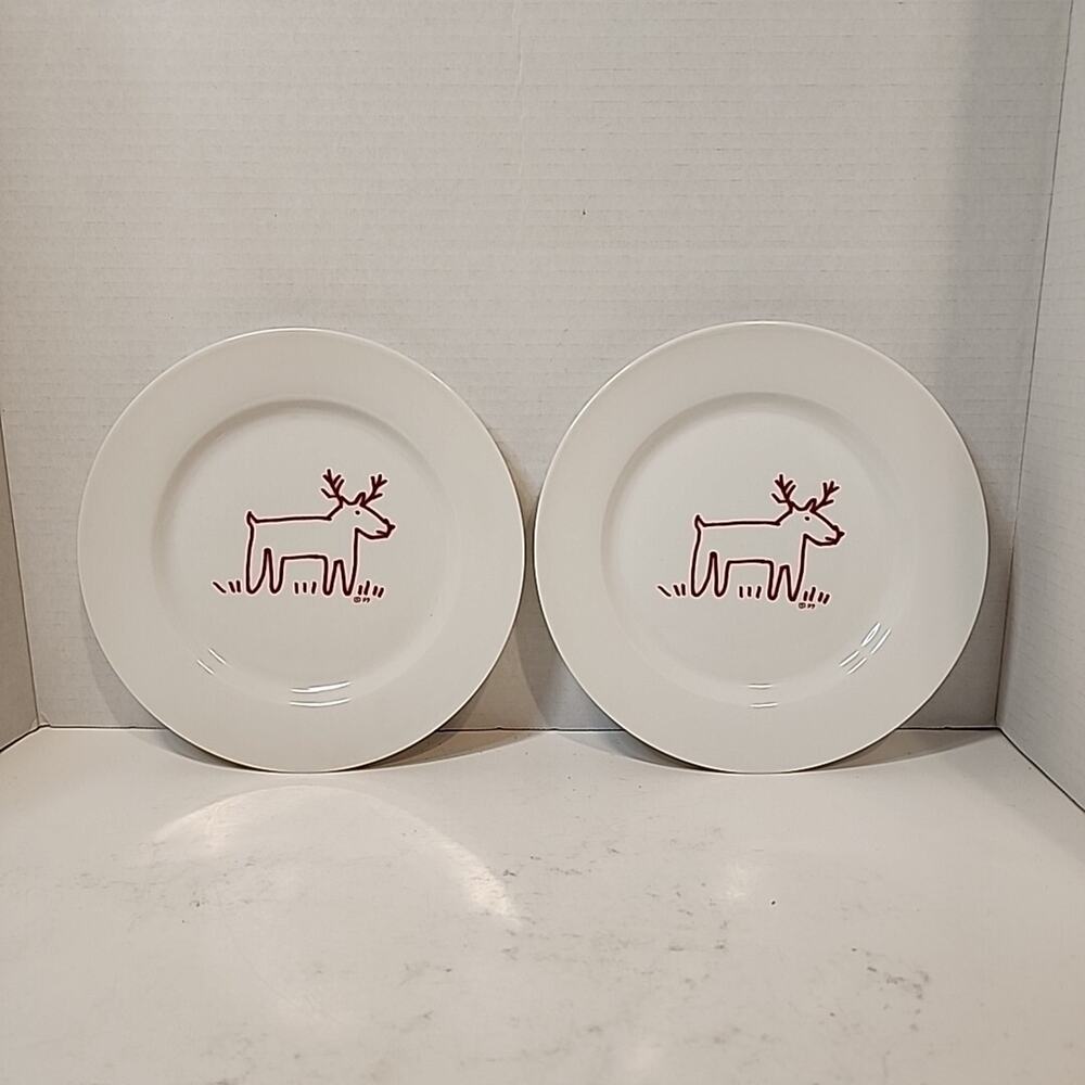2 Trish Richman Crate & Barrel Red Reindeer Ceramic 8.25"Plates At Home
